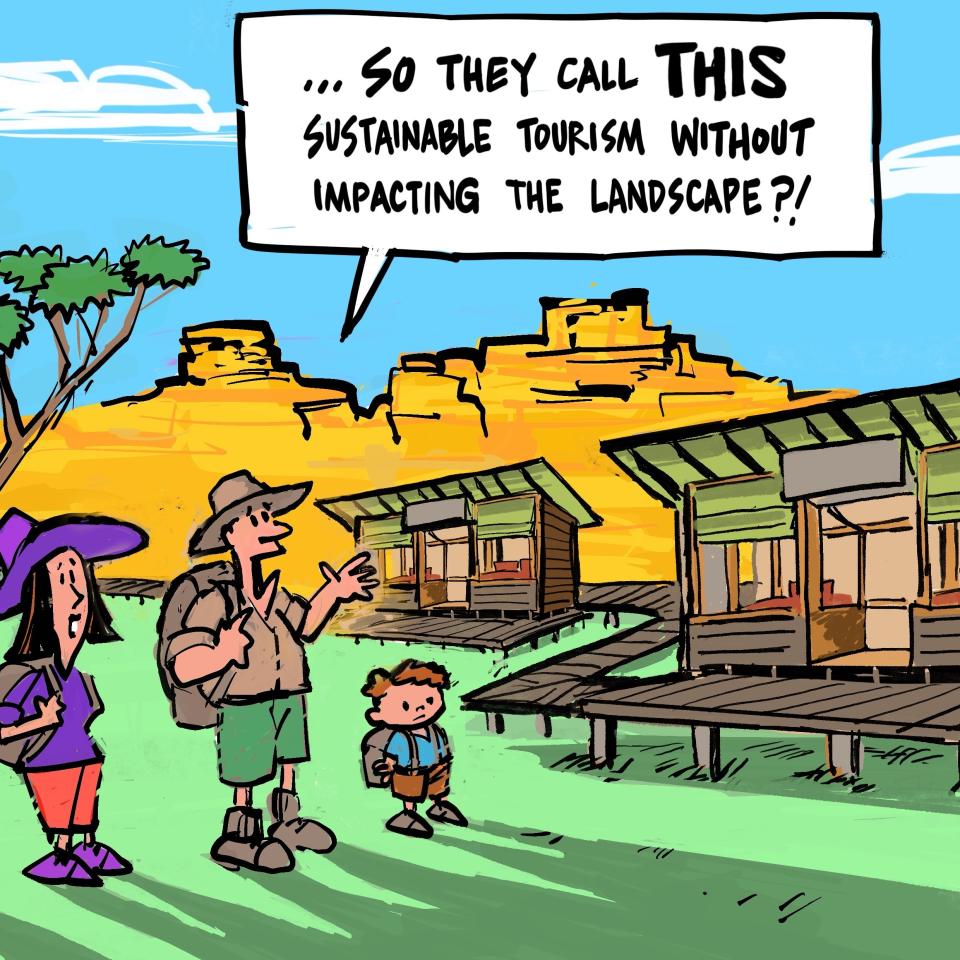 Cartoon of cabins in a pagoda landscape by Ned Toons